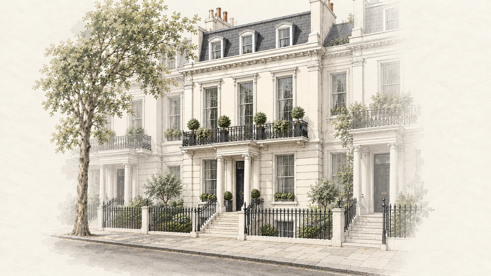 Architectural illustration of a Kensington-style stucco townhouse facade, with a stone entrance portico, sash windows, black iron balcony, basement railings and a mature street tree.