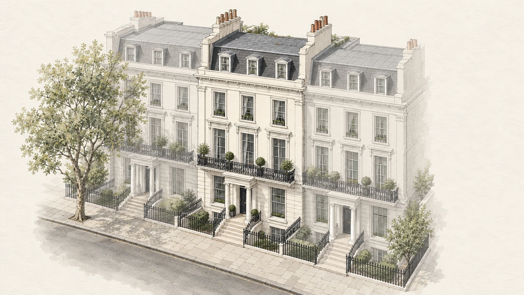 Architectural illustration of a Kensington-style stucco terrace with tall sash windows, classical porticos, black iron balconies and railings, mansard roofs and a mature street tree.